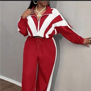 SHEIN Red & White Two-Piece Track Jumpsuit